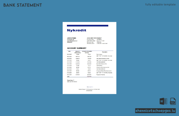 Excel-Beispielvorschau für einen Kontoauszug von Nykredit in Dänemark